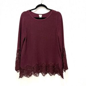 Chico's Deep Burgundy Lace sleeves pullover sweater‎ Large